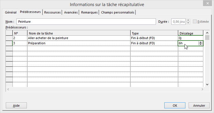 Décalage prédécesseur fenêtre infos tâche